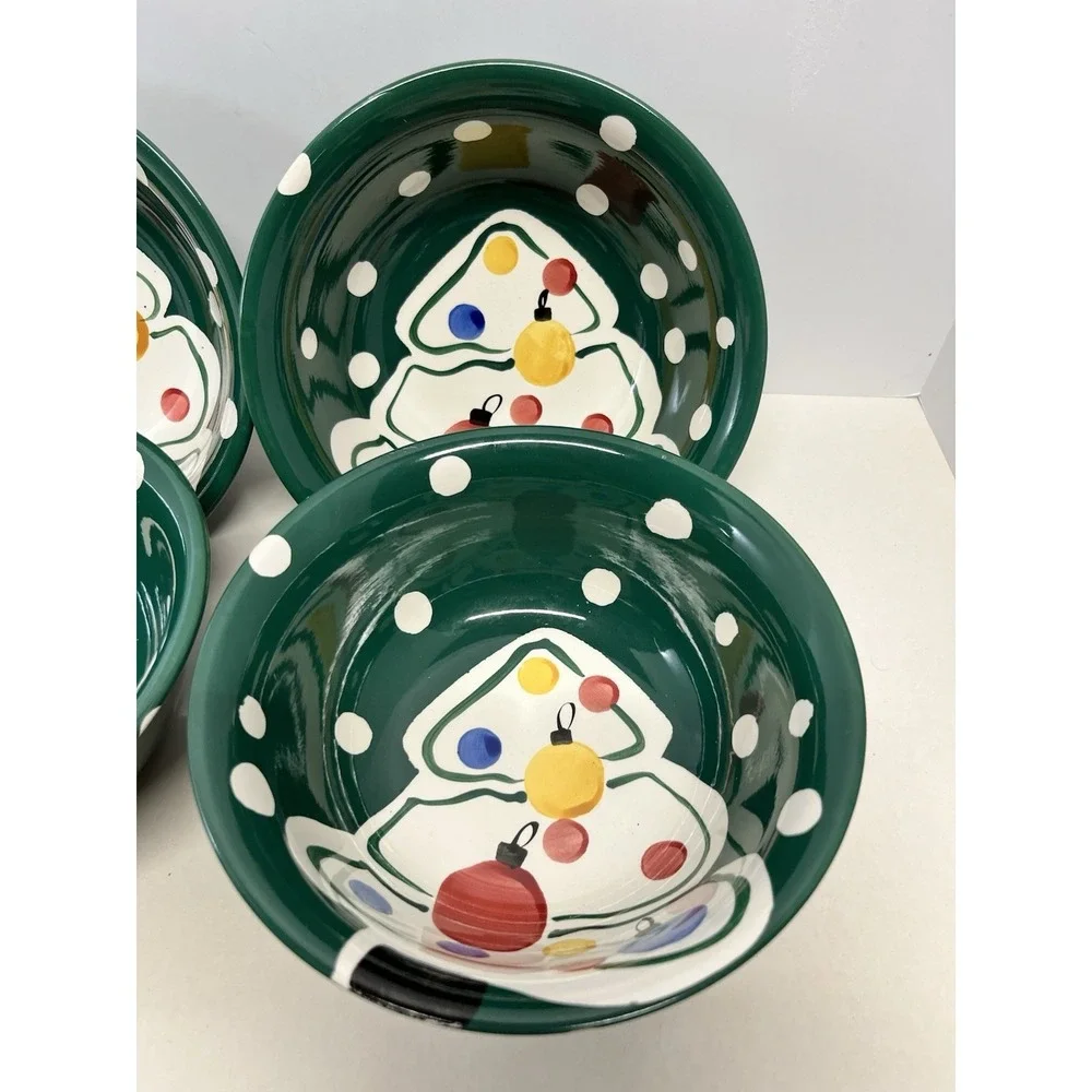 Gibson Everyday Hand-Painted Green and White Christmas Tree Bowls Set Of 4